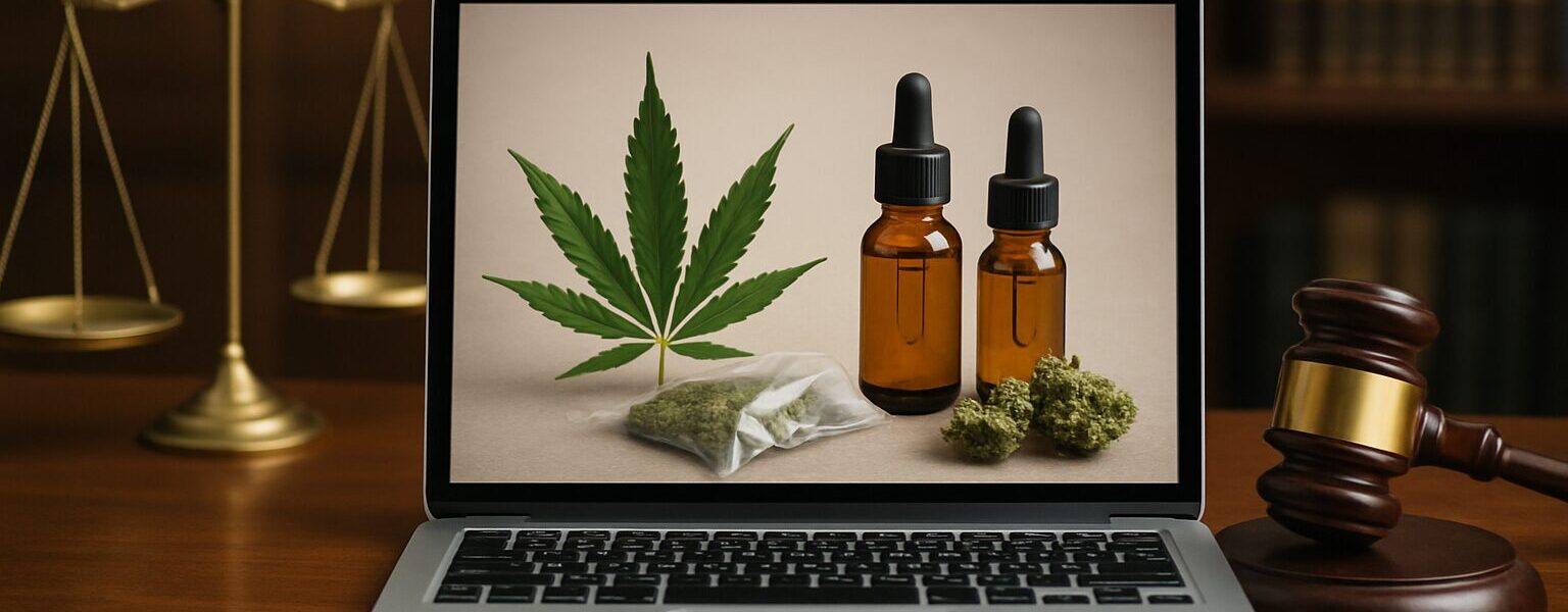 A laptop displaying cannabis products alongside a gavel and scales of justice, symbolizing online cannabis shopping in a