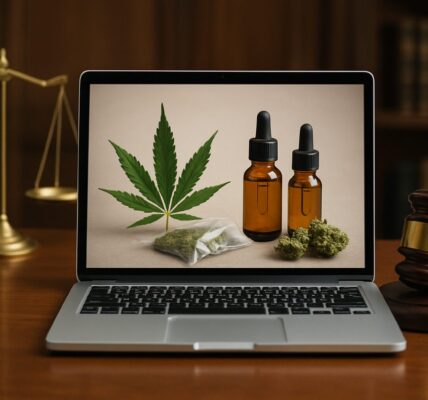 A laptop displaying cannabis products alongside a gavel and scales of justice, symbolizing online cannabis shopping in a