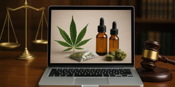 A laptop displaying cannabis products alongside a gavel and scales of justice, symbolizing online cannabis shopping in a