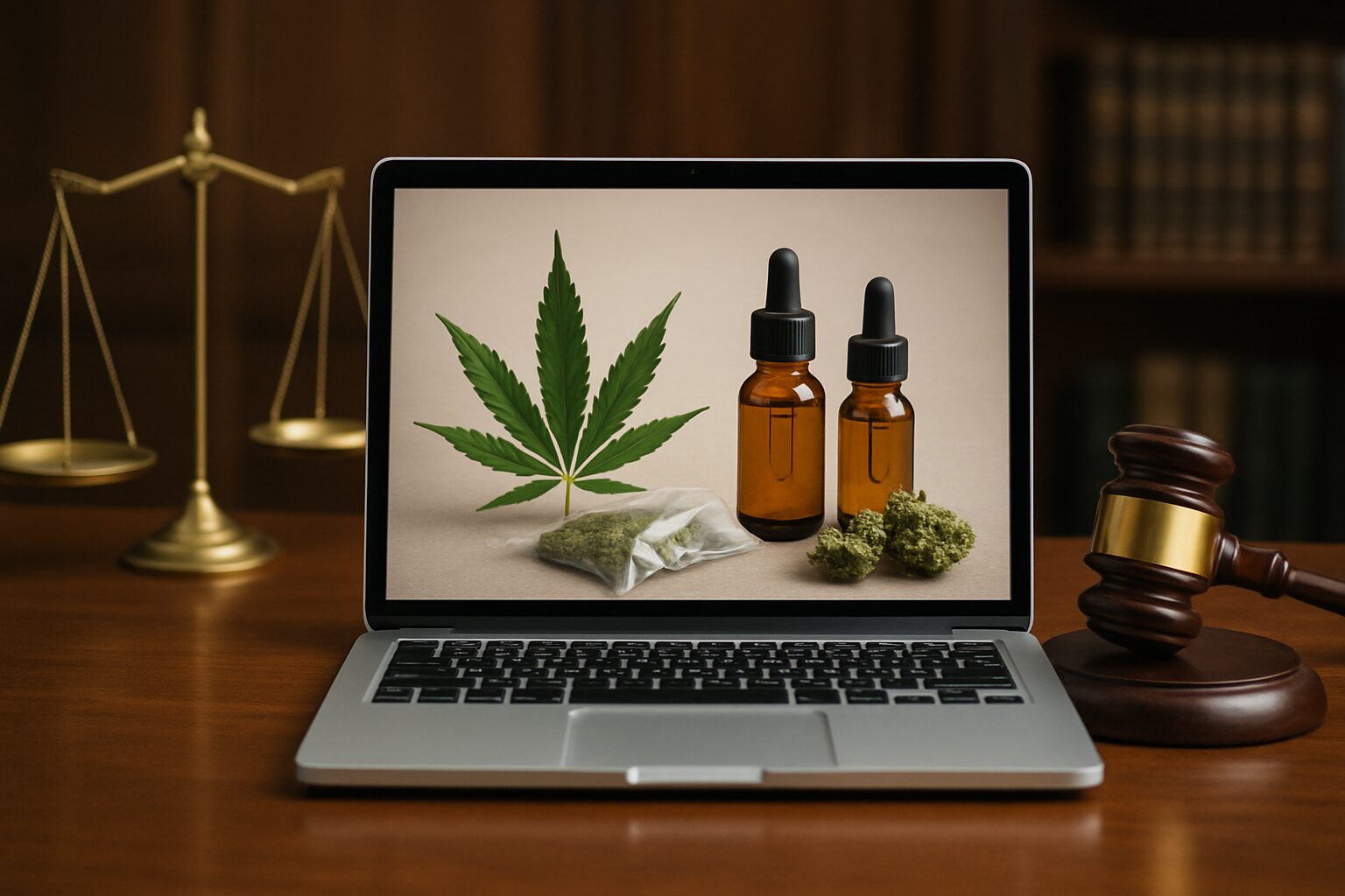 A laptop displaying cannabis products alongside a gavel and scales of justice, symbolizing online cannabis shopping in a