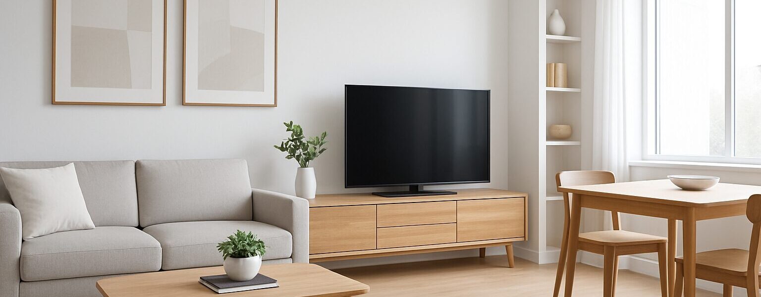 Modern living room with minimalistic furniture and decor, showcasing a clean and organized space.