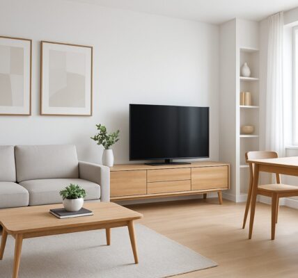 Modern living room with minimalistic furniture and decor, showcasing a clean and organized space.