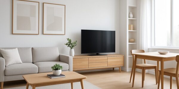 Modern living room with minimalistic furniture and decor, showcasing a clean and organized space.