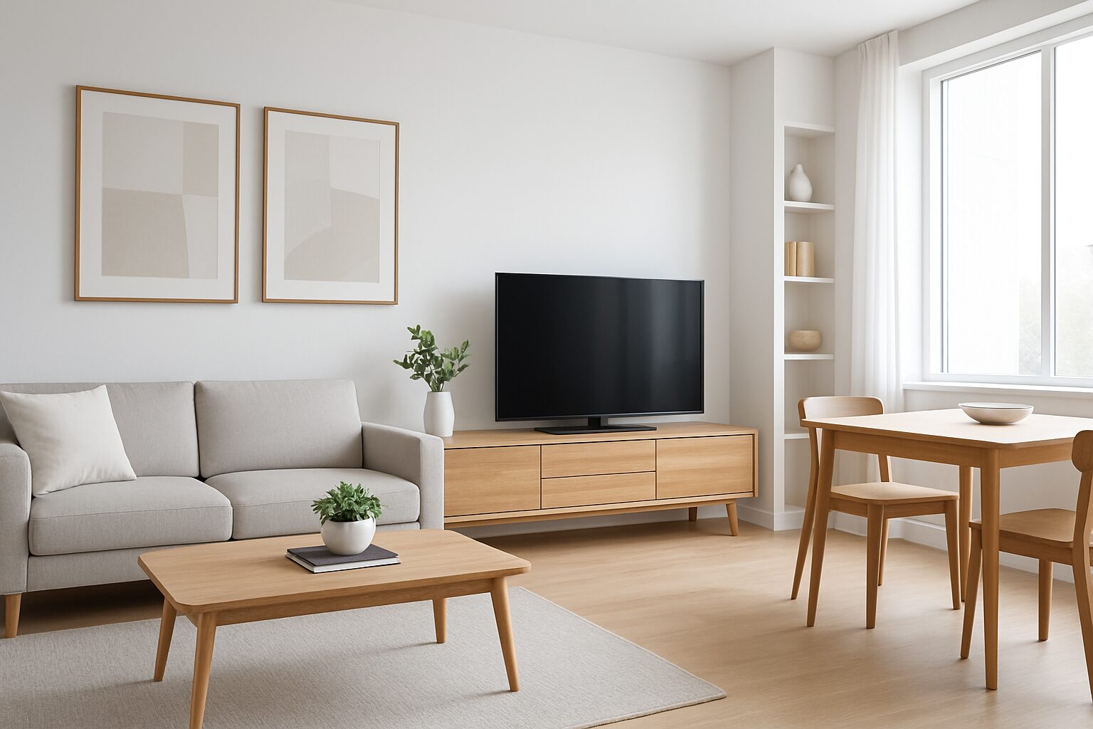 Modern living room with minimalistic furniture and decor, showcasing a clean and organized space.